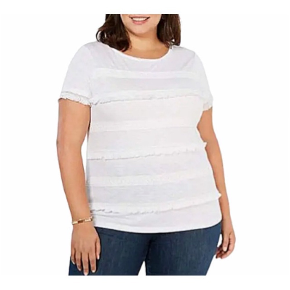 Style & Co Blouse white fringe & crochet Details short sleeves Blouse Size L